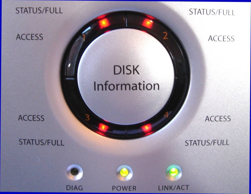 The close up silver dial from a Terastation TS-1.6TGL/R5 after the raid 5 array failed. It shows the 4 red led lights and was sent to us for recovery as there was no access to the share folders data.