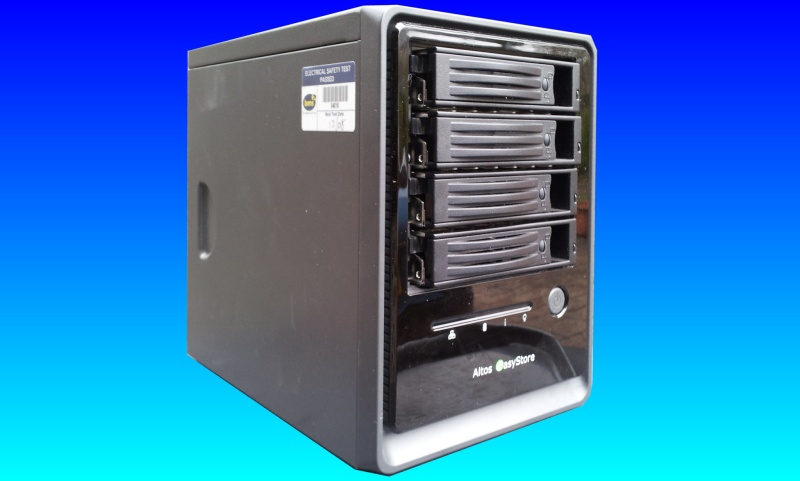 An Acer Altos Easystore shown with the drive caddys which hold 4 hard disks in Raid 5. The web interface failed after a power cut when the system just hangs.