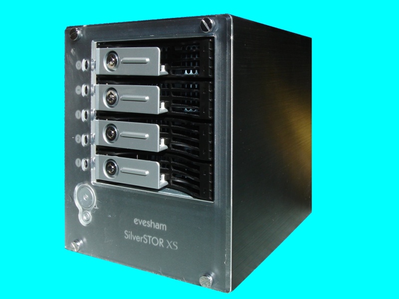 An Evesham Silverstor NAS drive box which incorporates 4 hard disks in Black and Silver. It is connected buy an Ethernet network cable and is basically a Thecus Network attached storage device (also sold under Allnet brand) which often fail to boot up after a power cut.