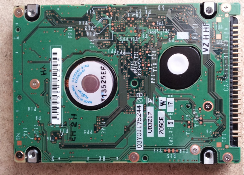 The pcb is shown from a Fujitsu Laptop hdd that was not spinning up when powered. The drive would not boot up the laptop when turned on.