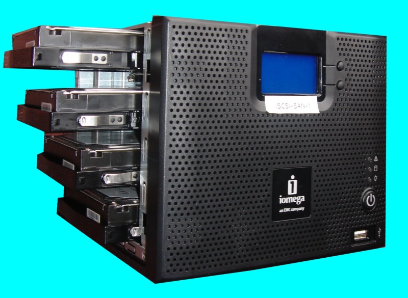 An Iomega IX4-200d drive that was used under iSCSI VMWare as a network raid drive. The system consists of 4 hard disk drives in a raid configuration.