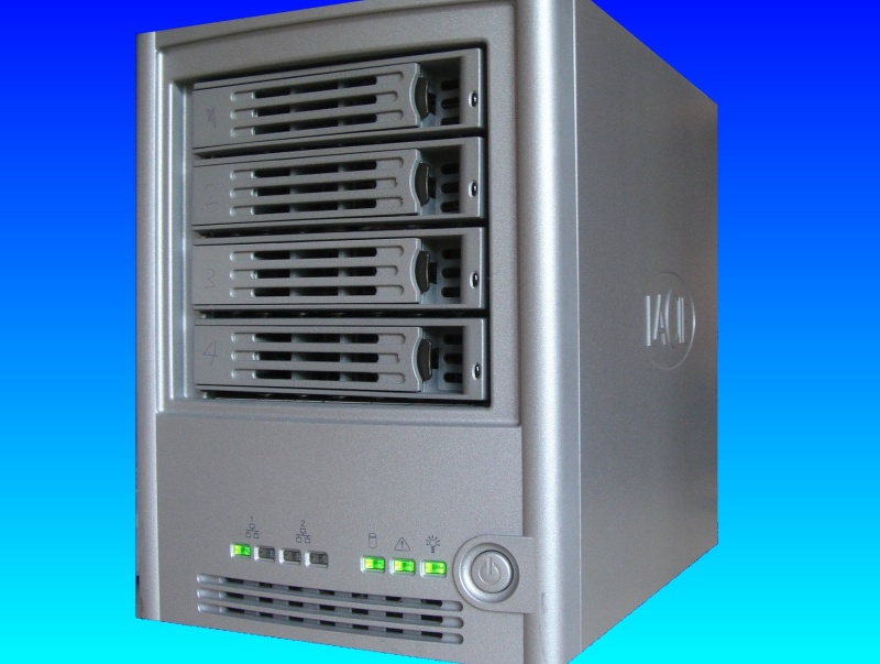 A Lacie Ethernet Disk model number INNS04-4200-LAC that shows its 4 hard disk raid array. In the control console panel the drives were shown as New Disk due to the disk change notification, even though they had been configured as raid 5 before the power went off.
