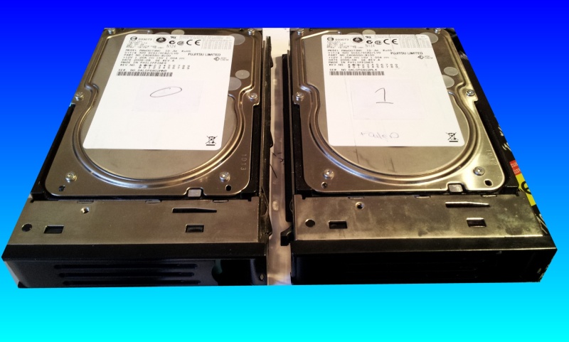 A pair of Ubuntu formatted hard drives that were in a raid 1 striped array. Previously the drives were used under Linux Fedora. 