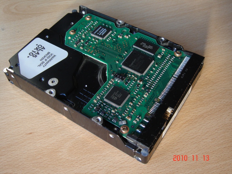 A pcb circuit board shown from a Quantum LCT Fireball hard disk with a burnt chip. This one was from an LCT08 which is like the LCT10 and LCT20. This was sent for recovery after the drive failed to start up.