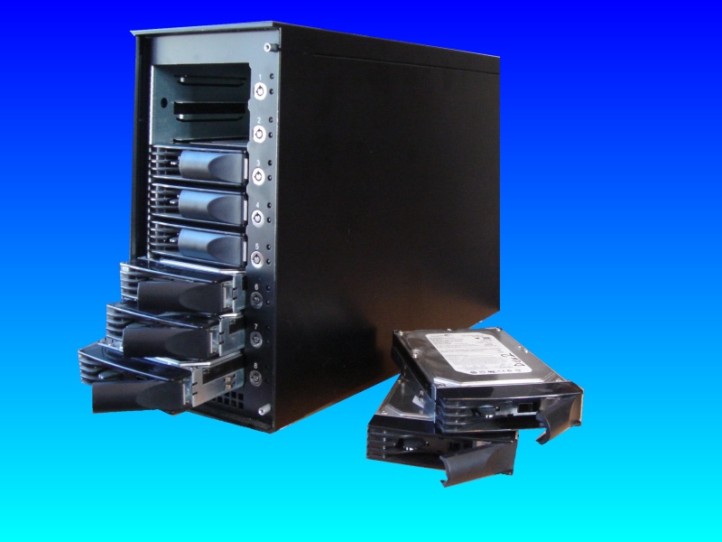 A Highpoint SAS raid tower that had the sata hard disks configured by a Rocket Raid 2322 controller. Disks had failed in the array and staus shown as 