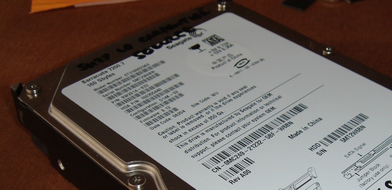 A close up of a Seagate Barracuda 7200.7 160GBytes model number ST3160023AS disk which had failed to spin up when the computer was booted up, so was sent to us for repair.