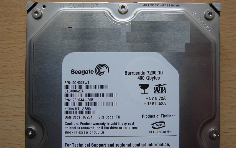 A Seagate drive that was connected to a defective power supply and no longer worked due to over-voltage from the incorrect polarity. The disk model number was ST3400620A 7200.10 Barracuda and was for repair after it remained silent when turned on.