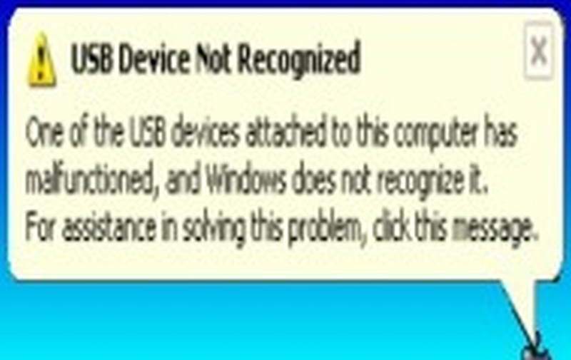 A screenshot when Windows displays the error abut a USB not recognized when the device malfunctioned.