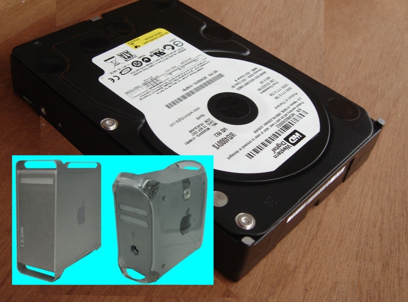 An image of an Apple Hard drive along with a G4 and G5 Mac, we also recover data from disks from Apple G3 computers.