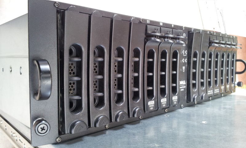 A Dell PowerVault 14 bay scsi raid shown in its rack mounted configuration. The array was being controlled by a PERC and 2 or 3 drives had failed in the array when the customer sent tit to us for data recovery. 