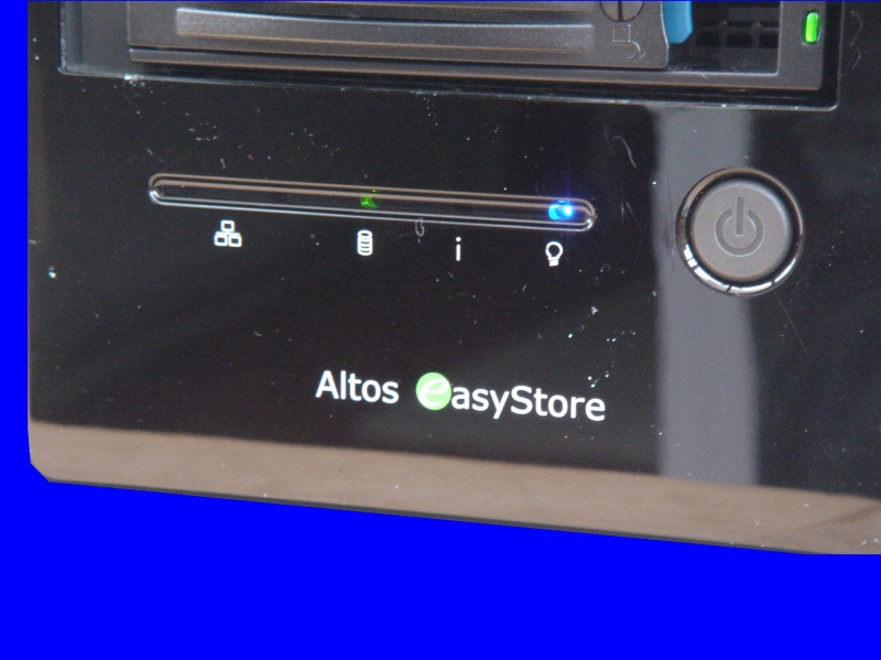 An Altos Easystore showing it's indicator LED lights blinking and name badge. The unit no longer allowed access to the disk so was sent to us for file recovery.
