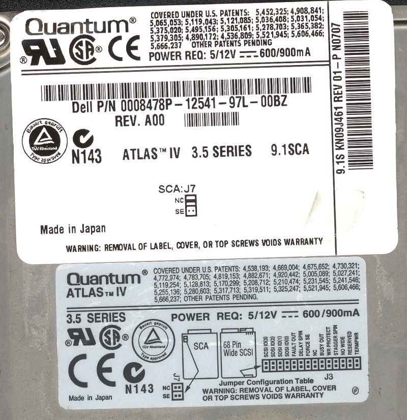 A Quantum SCSI disk label from a drive that had been used in a Dell PERC SCSI raid5 server. The raid had failed so drives were shown offline, there they were sent to us to recover the files.