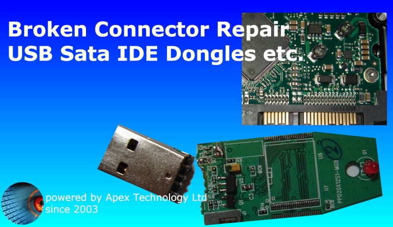 A snapped connector from a USB stick, as well as broken hard drive sata connector are shown. The connectors require soldering to the pcb circuit board. 