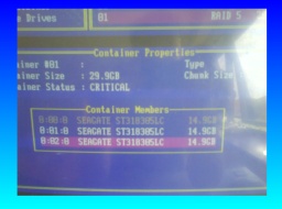 A screenshot from the Dell Perc bios screen showing configuration of the SCSI hard drives. It shows 3 scsi disks members in the raid container, and the container status is critical. It looks as though someone had attempted data recovery before it was sent to us but they did not know how to repair the system to allow it to boot up.
