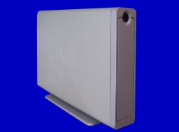 A Lacie Big Disk external drive with firewire usb and esata connections, enclosed in a silver aluminium case. These drives are very popular with Apple Mac owners due to their aesthetic design.