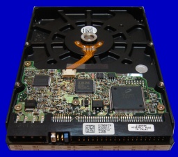 An IBM Disk showing the pcb circuit board. The disk was from an IBM Raid 0 striped array that was sent to us to recover the data. The Hard disk model number is IC35L040AVER07-0.