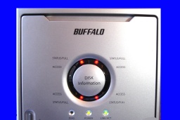 A Buffalo Terastation that shows it's 4 read led lights flashing, meaning that no data access is possible. The drive would not boot up in this state or appear on the network. Each light represents the status of the 4 internal hard disks and they blink when the hdd has failed.