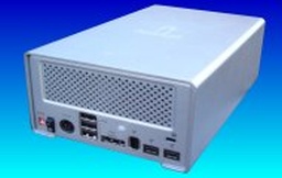 The photo shows the rear panel of an Iomega HDD2H with its Firewire, USB ESata and power connectors. It has a mesh cooling grill with perforated holes. The unit is large enough for 2 3.5 inch hard drives.