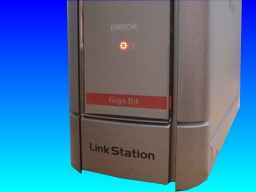 A Buffalo Linkstation showing the red flashing LED light on the front indicating an error. It's model number is HS-DH-GL and was sent to us for data recovery.