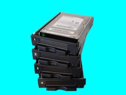 The hard drives from a Terastation that failed after a power cut. The image shows the 4 hard drives that were in a raid array when the nas box went offline.
